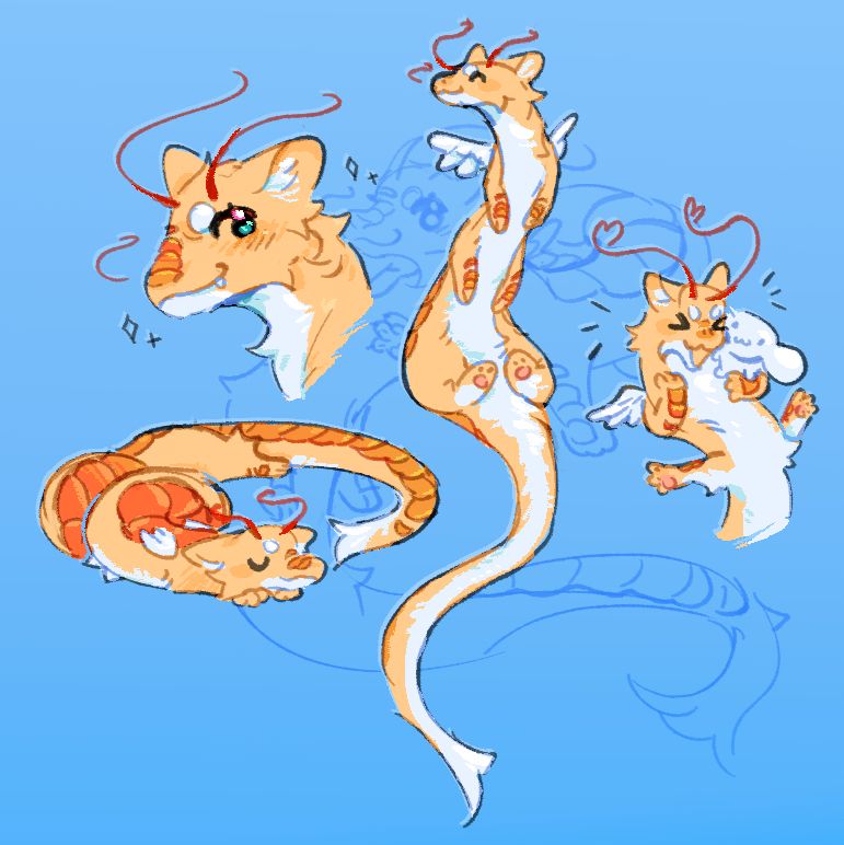 more drawings of OP’s fursona, worm. there is one drawing of them smirking towards the camera, one of them sleeping and curled up, one featuring their entire length and one of worm holding a plush of cinnamoroll. 