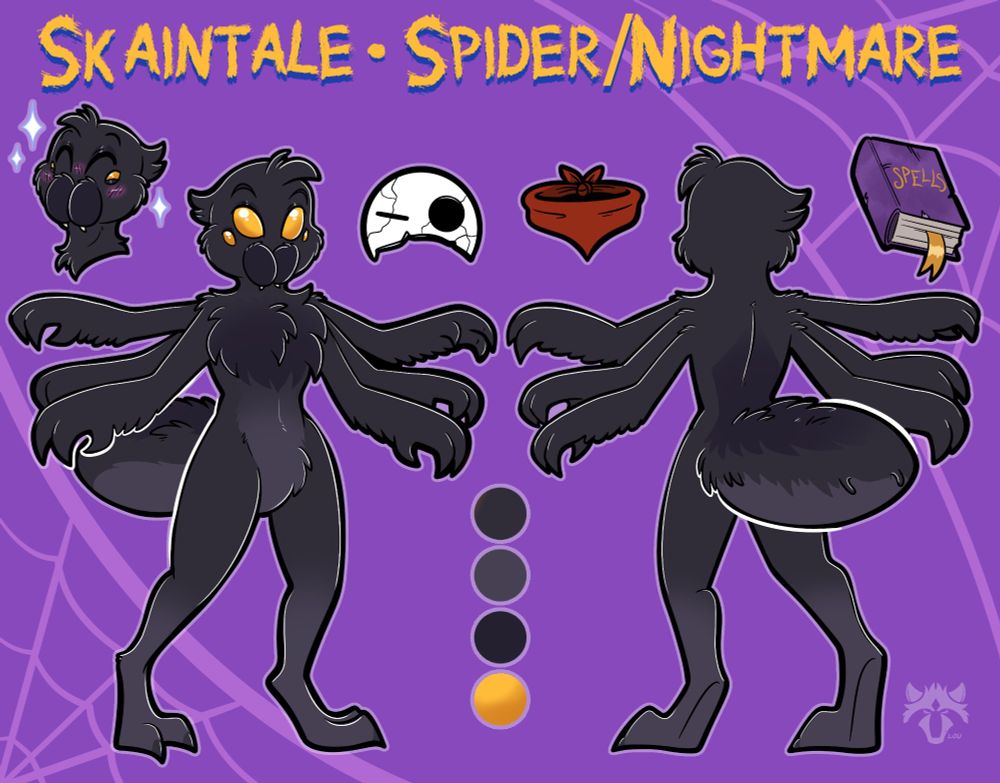 Black grey anthro spider with golden eyes, a white broken mask, red bandana and a purple battered spell book