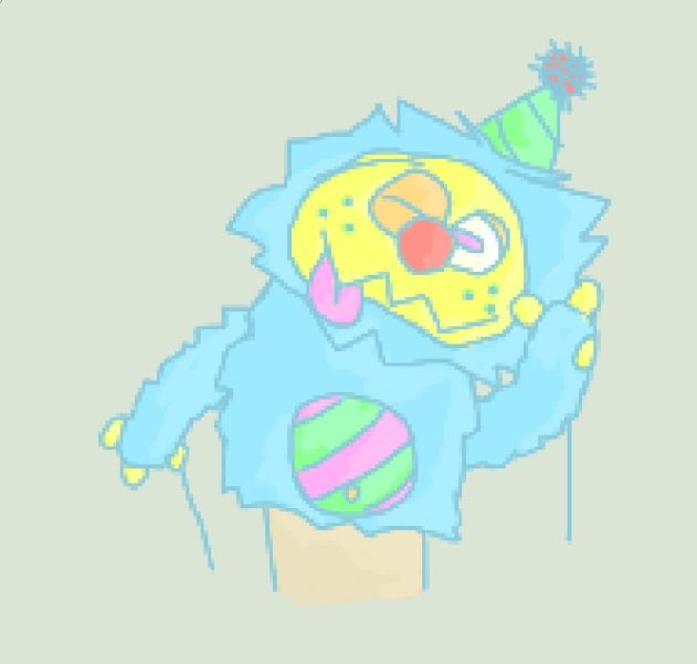 Digital drawing of a cute winking blue puppet with a party hat, stripey belly and a yellow face with a tongue sticking out. 

Its trying to do a peace sign but it's a bit tricky with only 3 fingers.