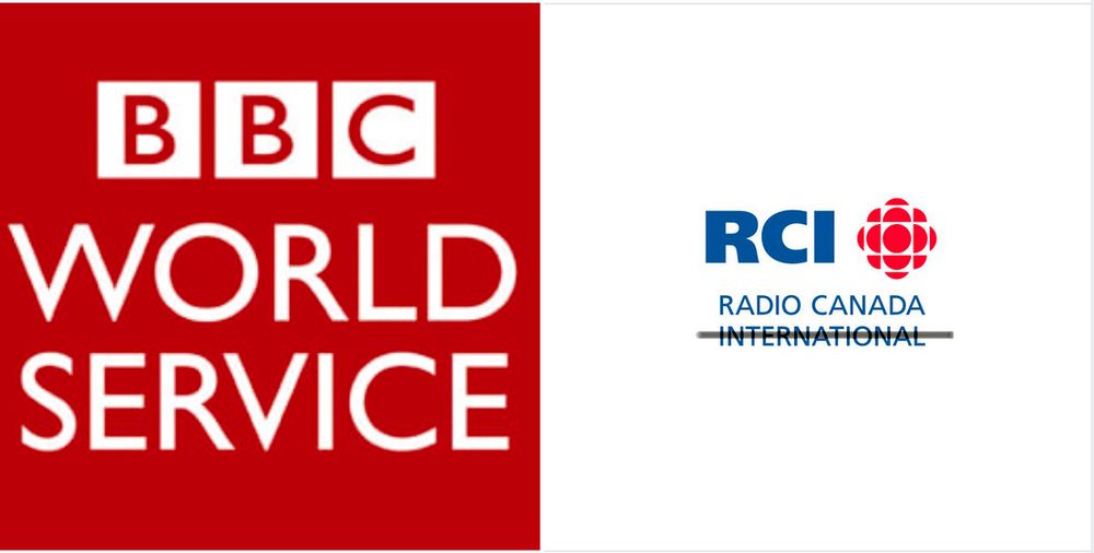Red square logo of BBC World Service - text in white, and Radio Canada International logo, text in blue, the word "international" crossed out in black.