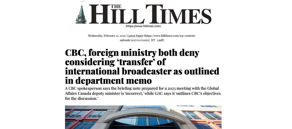 Headline from The Hill Times "CBC, foreign ministry both deny considering 'transfer' of international broadcaster as outlined in department memo