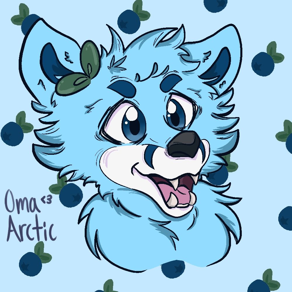 A light blue background with small blueberries scattered around. In the center is the head of a light blue wolf with dark blue eyes. He is smiling with an open mouth. 