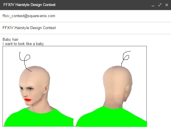 a meme that says "FFXIV hairstyle design contest - baby hair - i want to look like a baby." the original image shows a man with a single squiggly strand of hair. the meme has been edited to look like baldi from the indie horror game baldi's basics in education and learning, with a green shirt and red lips.