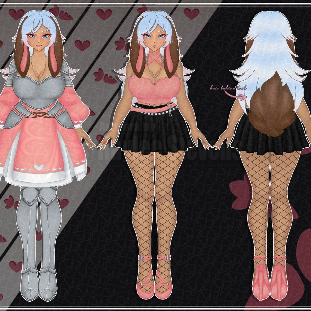 a vtuber commission of a bunny girl with 2 varients. one in a dress and armor and the other in a tanktop and a skirt with pink heels and fishnets.