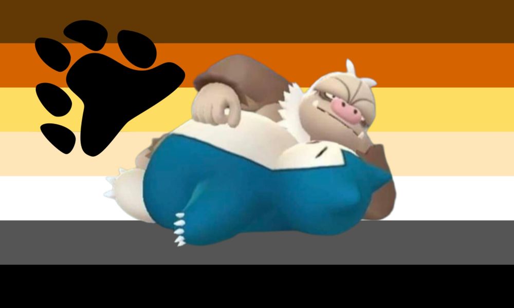 Snorlax and Slaking models from Pokemon looking like they're cuddling transposed onto the bear pride flag