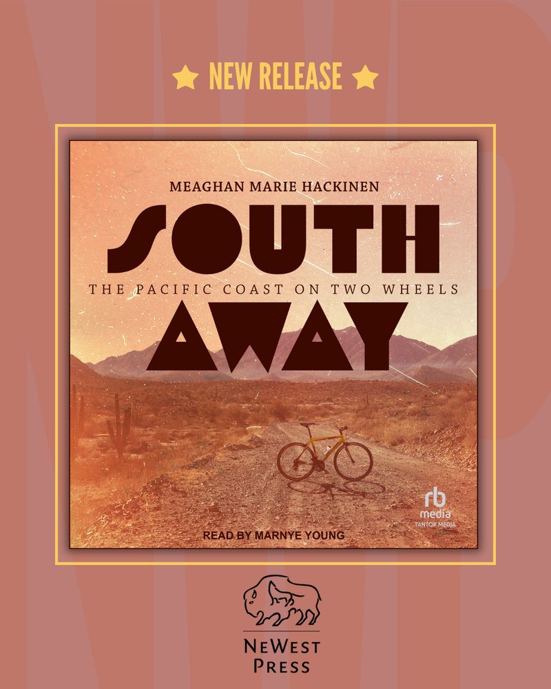 Book Cover: The silouette of a bicycle with saddlebags stands in front of an orange mountainous skyline. South Away. The Pacific Coast on Two Wheels. By Meaghan Marie Hackinen. 