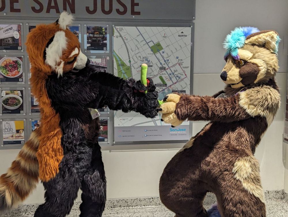 A photo of fursuiters Satchel and Ujiku, playing tug-of-war over a plush stalk of bamboo.