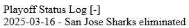 Playoff status log
2025-03-16 - San Jose Sharks eliminated