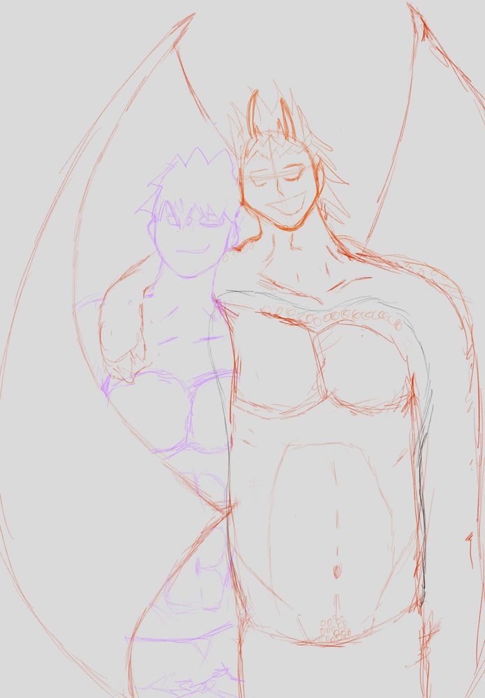 A very rough sketch of dragon Kirishima and barbarian Bakugo