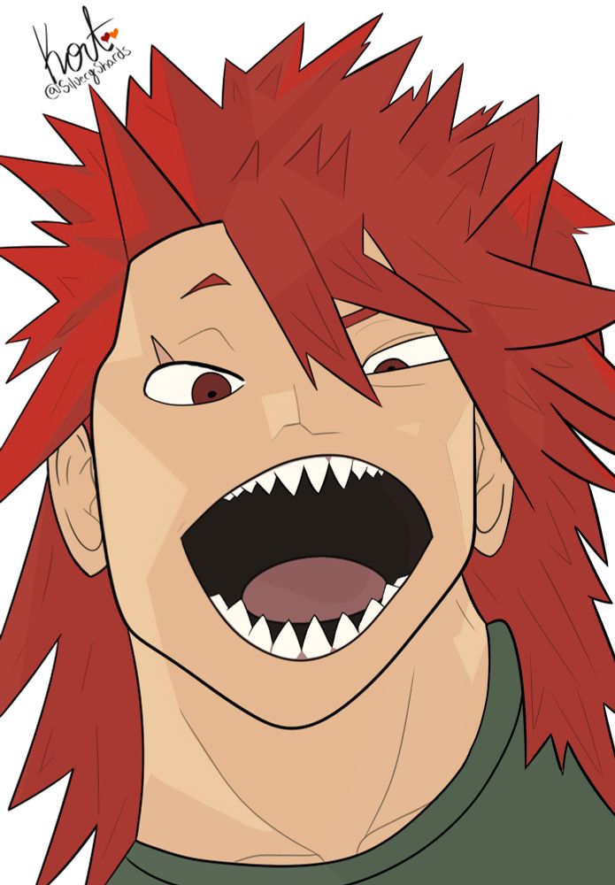 Kirishima Eijirou with his mouth open in a smile in a green shirt.