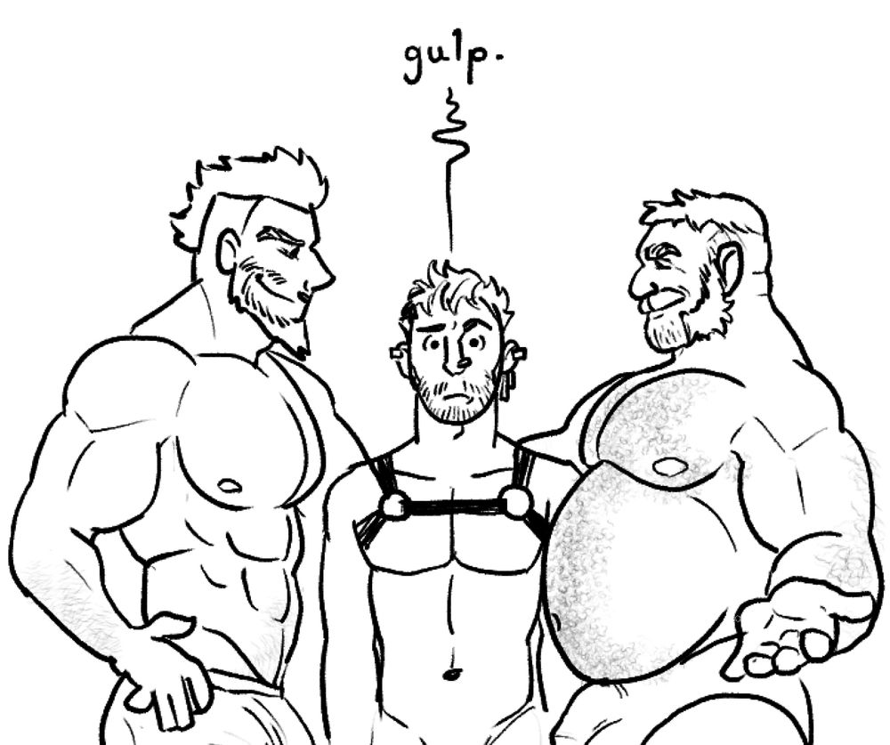 a scruffy man with a swimmer's build stands between two much taller, much heavier men - one with a bodybuilder's physique, the other with a powerlifter physique and a big gut. Both grin down at him and wrap an arm around him. A speech bubble above the middle-man's head reads "gulp"