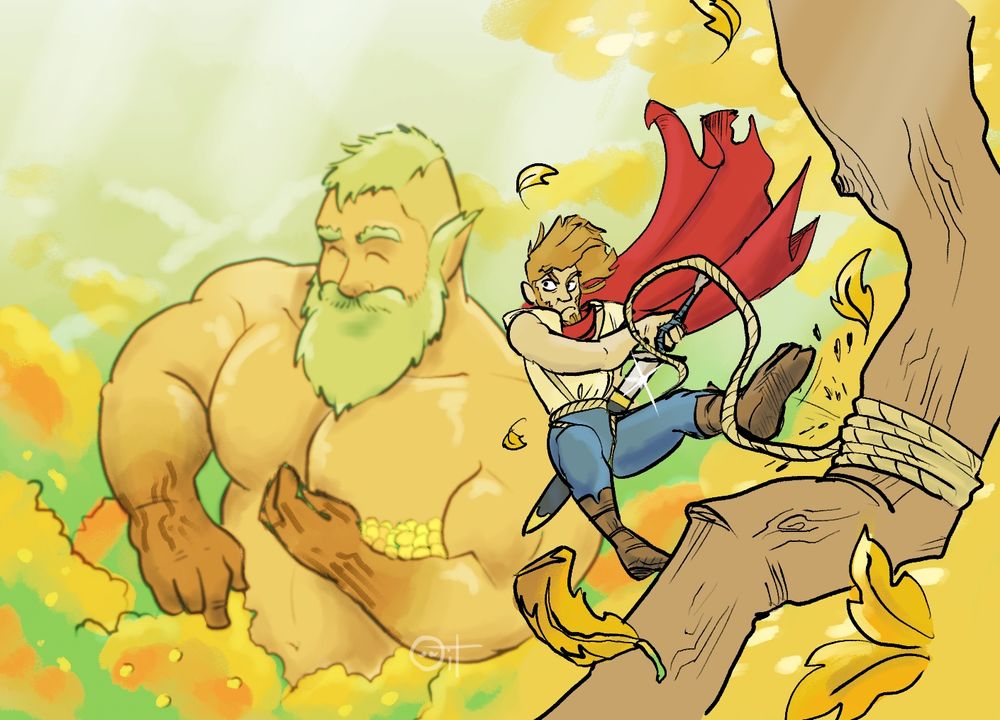 Greenbeard, a burly giant with moss-coloured hair and wood-textured limbs, is towering over a grove of trees picking some kind of oversized yellow fruit. 

In the foreground, there's an action shot of an extremely determined-looking hunter kicking off from his perch in a very high tree. He is harnessed by rope to a branch and he unsheathes a blade as he falls. Leaves swirl around him. It's drama.