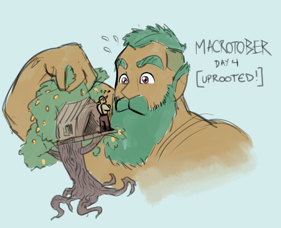 A giant has yanked a fruit tree out of the ground - including the treehouse in which a human farmer was staying. 

Both of them look at each other with surprise