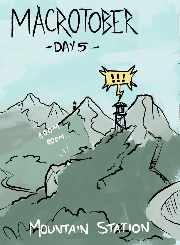 A mini-comic title plate where a few firewatch-style towers are visible across a mountain range. 

Panicked radio chatter is emitting from one, and booming noises can be heard from an unseen source...
