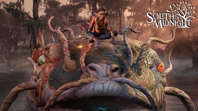 A screen cap of the game South of Midnight. Hazel rides atop a mystical catfish.