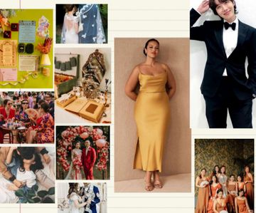 A mood board depicting different kinds of Filipino weddings, with image pegs of our main characters