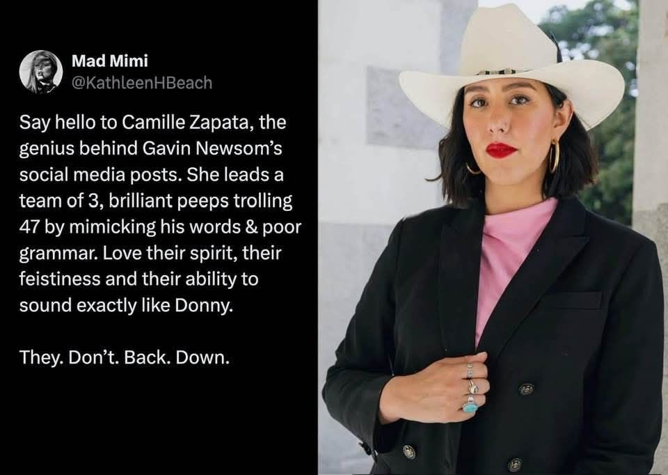 Camille Zapata leads a team of three trolling 47 by mimicking his words and poor grammar.