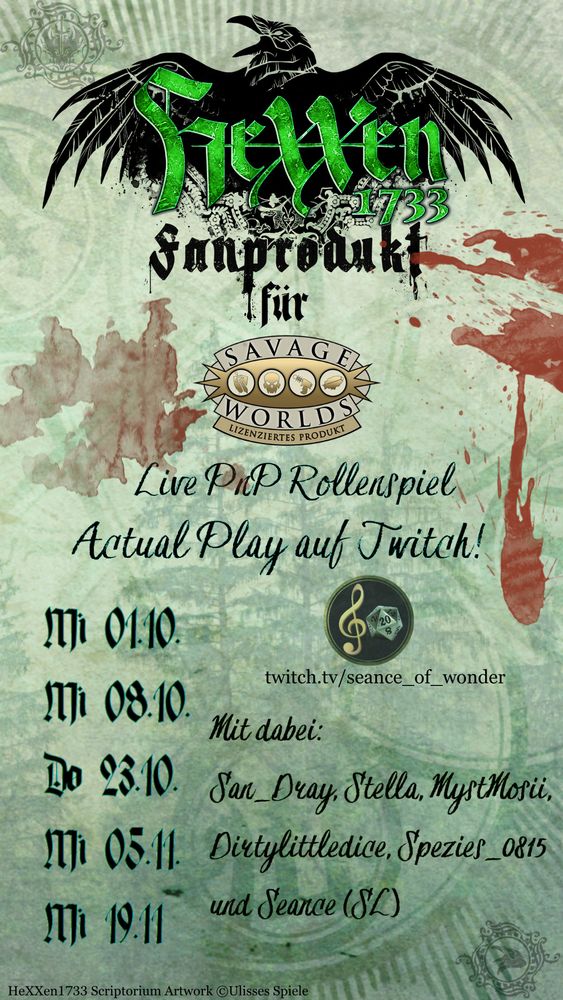 Ein Werbebild für 5 Livestreams des Pen and Paper Rollenspiels Hexxen 1733, welche am dem 1 October (Mittwoch) zu sehen sein können auf Twitch auf dem Kanal von Seance of Wonder.