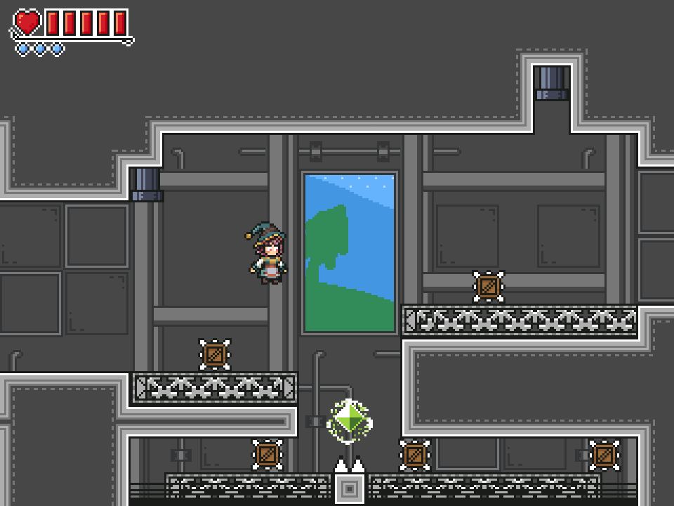 A factory. The player hovers precariously over conveyor belts moving spiky wooden boxes at speed.