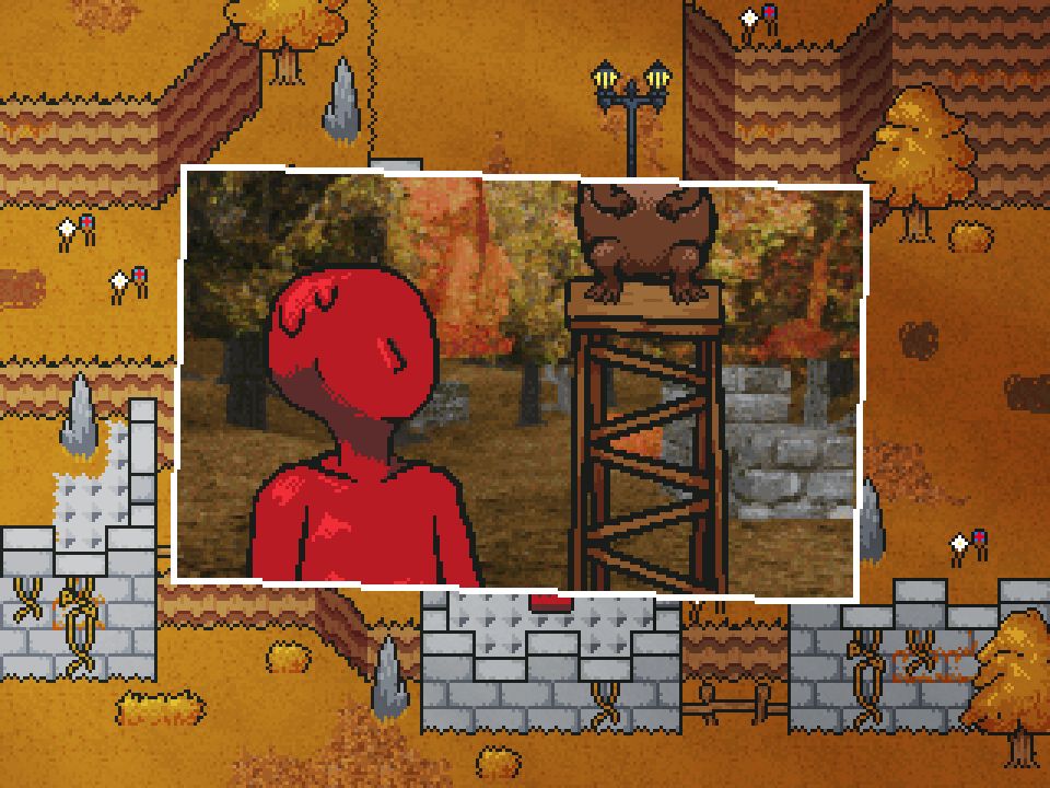 Another photo. This time in a woodlands, with the ruins of an old castle strewn about, the red figure stands looking up at it's newfound beaver companion, whom has built itself a platform to stand on for the photo. The platform is far too tall and only the bottom half of the beaver is visible.