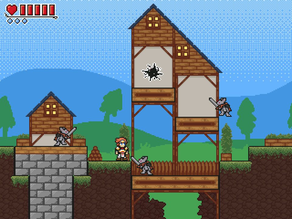 Harold - a red-haired knight stands in a grassy area next to some tall buildings. above him is a rift in space. He is surrounded by rabbit knights with swords.