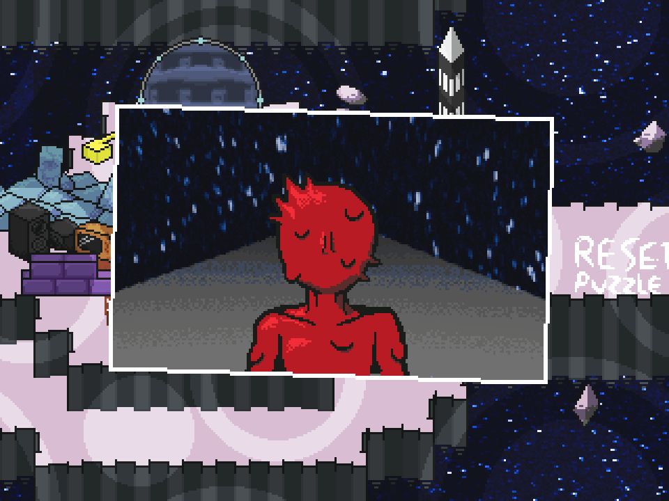 An image showing a photograph. A red humanoid figure stands in the centre, and appears to have been startled by the flash of the camera. It's stood on some kind of solid grey platform in space.