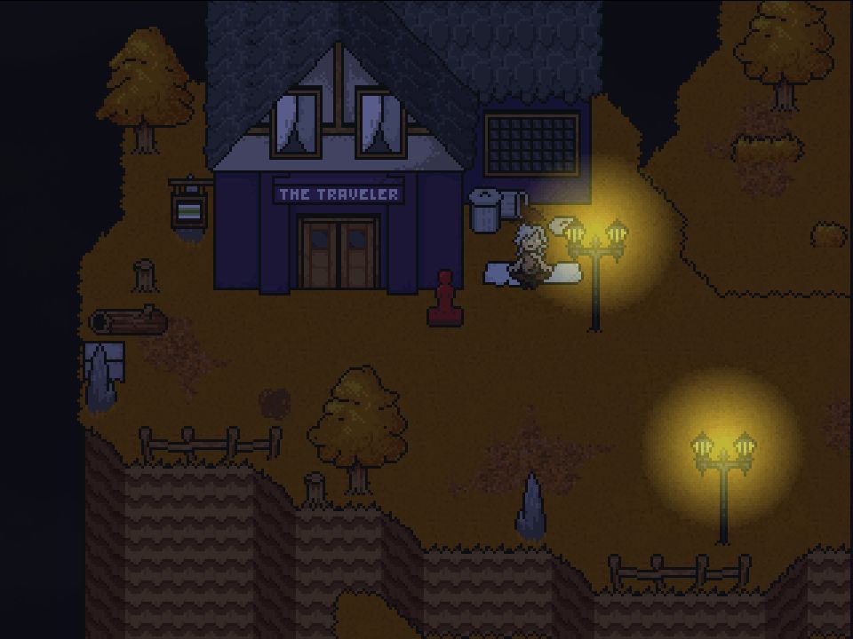 The image shows a bar called "The Traveler" sat on the edge of a cliff. The lower floor is purple with black windows, and the upper floor is made of plaster. There's an old man sat out the front by some trash bins.