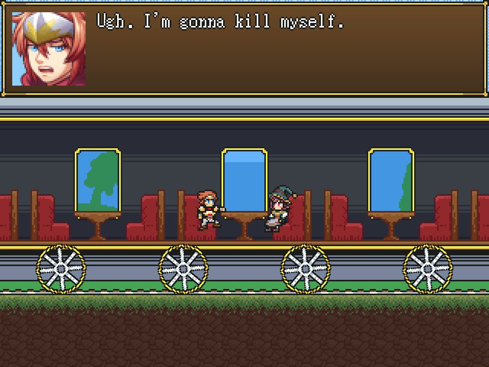 Harold - a red-haired knight - and Marsha - a rose-haired magician - are sat in a train. A textbox shows harold is speaking. It says: "Ugh. I'm gonna kill myself."