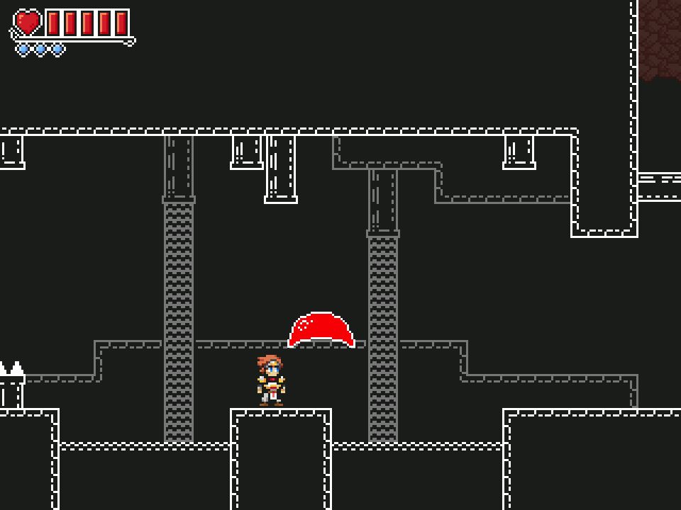 A black and white sewer. A red slime is about to attack the player character.