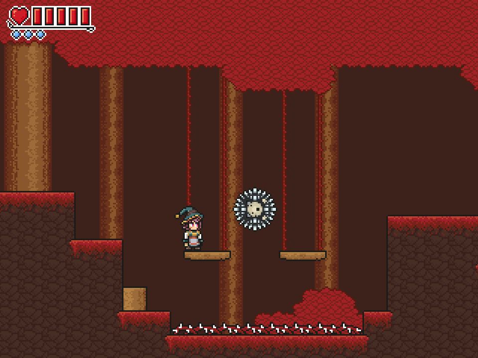 Marsha - a rose-haired magician - is in a dark red forest. She's stood on a platform suspended above a pit of brambles by vines. In front of her is an exceedingly fat hedgehog in mid-air.