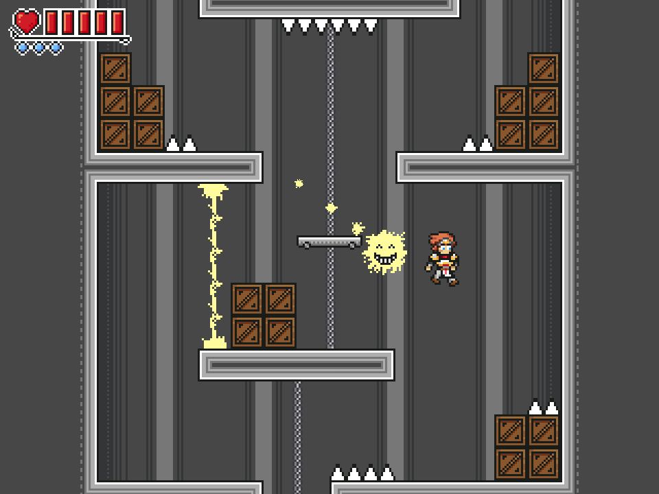 The interior of an elevator shaft. An electric wisp monster is about to attack the player character.