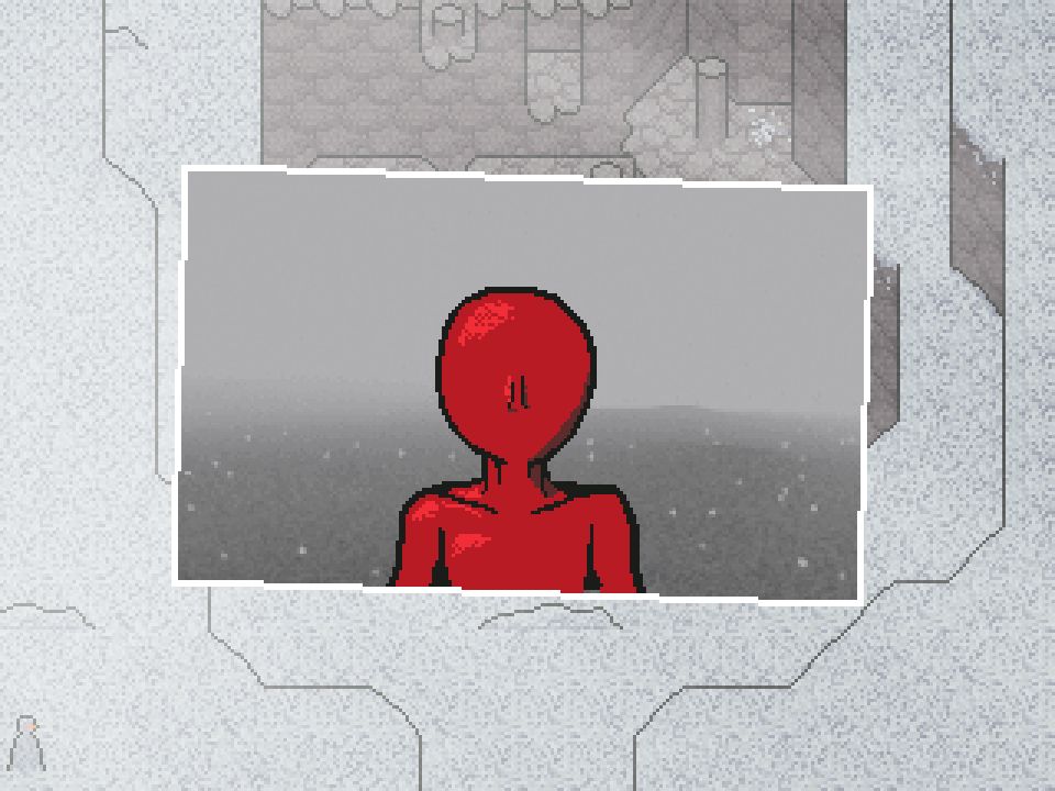 Another photograph, this one also shows the red figure, no longer startled. This time it's stood in a field of ash, and there's a thick fog in the background.