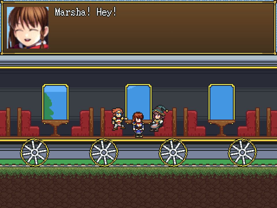 Harold - a red-haired knight - and Marsha - a rose-haired magician - are sat in a train. Between them stands Priscilla, a brown-haired female warrior. She's speaking. Her text reads "Marsha! Hey!"