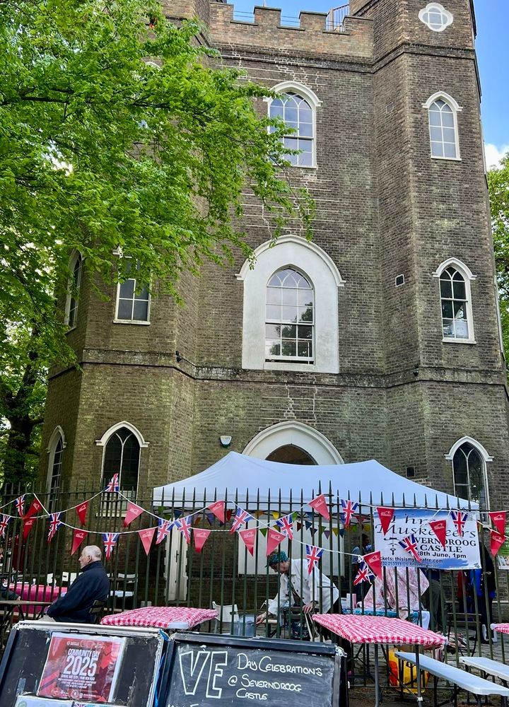 A VE Day fayre with bunting, at the foot of Severndroog Castle, a neo-gothic folly