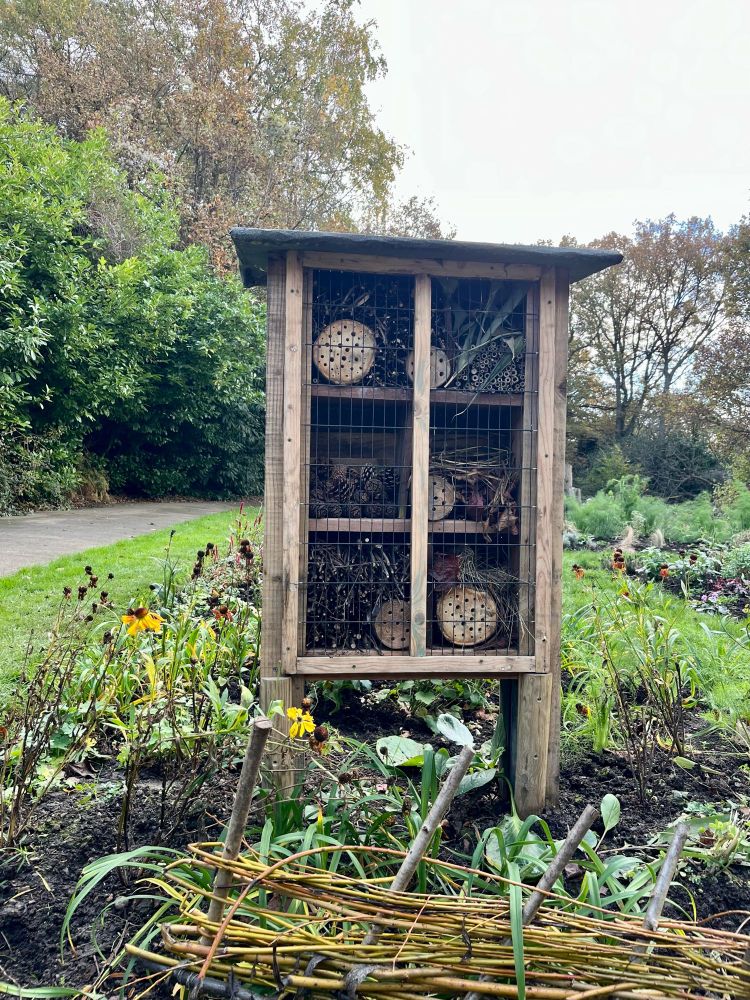 A substantial bug house wooden structure, about 1 metre high and with 6 internal sections. Each section contains a mix of drilled logs, sticks and grass behind a covering. The bug house is sitting in the middle of a flower bed of wildflowers and herbs