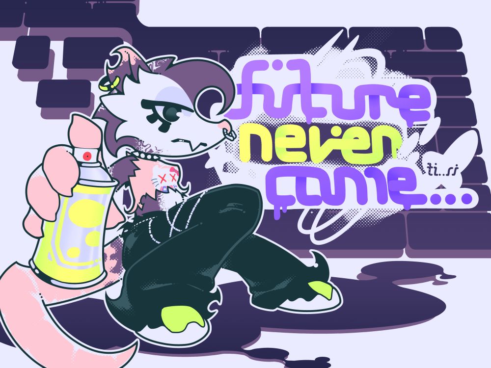 art of a one-off opossum character. she's wearing baggy black pants and a torn up diy crop top featuring the upper half of hello kitty with her eyes x-ed out. in the background, graffiti reads "future never came..."
#art #furryart