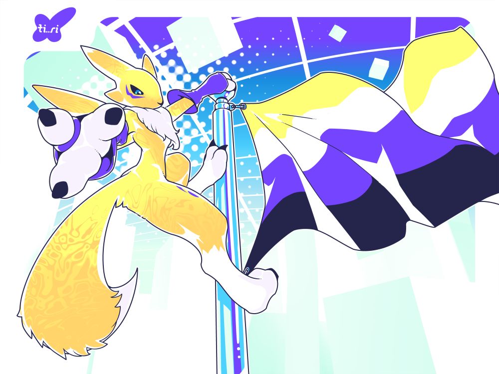 renamon hanging on to a flag pole flying the nonbinary flag striking a pose and reaching towards the camera
#art #digimon #renamon #nonbinary