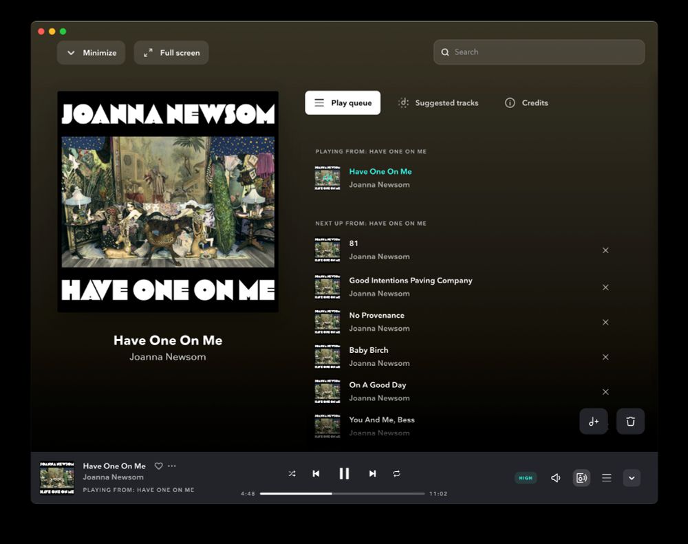 Music player screen shot. Joanna newsom's album Have One On Me