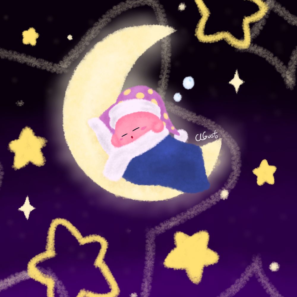 Kirby sleeping on the moon with a blanket and pillow, a reference to the Game Over Screen from Kirby Super Star/Kirby Super Star Ultra where if the player chooses not to continue the hand will lift the sleeping Kirby up to the moon.