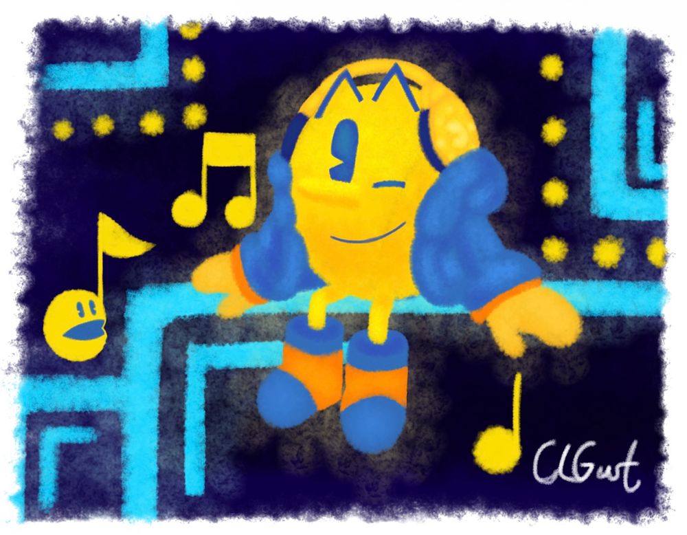 Pac-Man Sitting on a maze-like Background with Music likely playing through his headphones.
