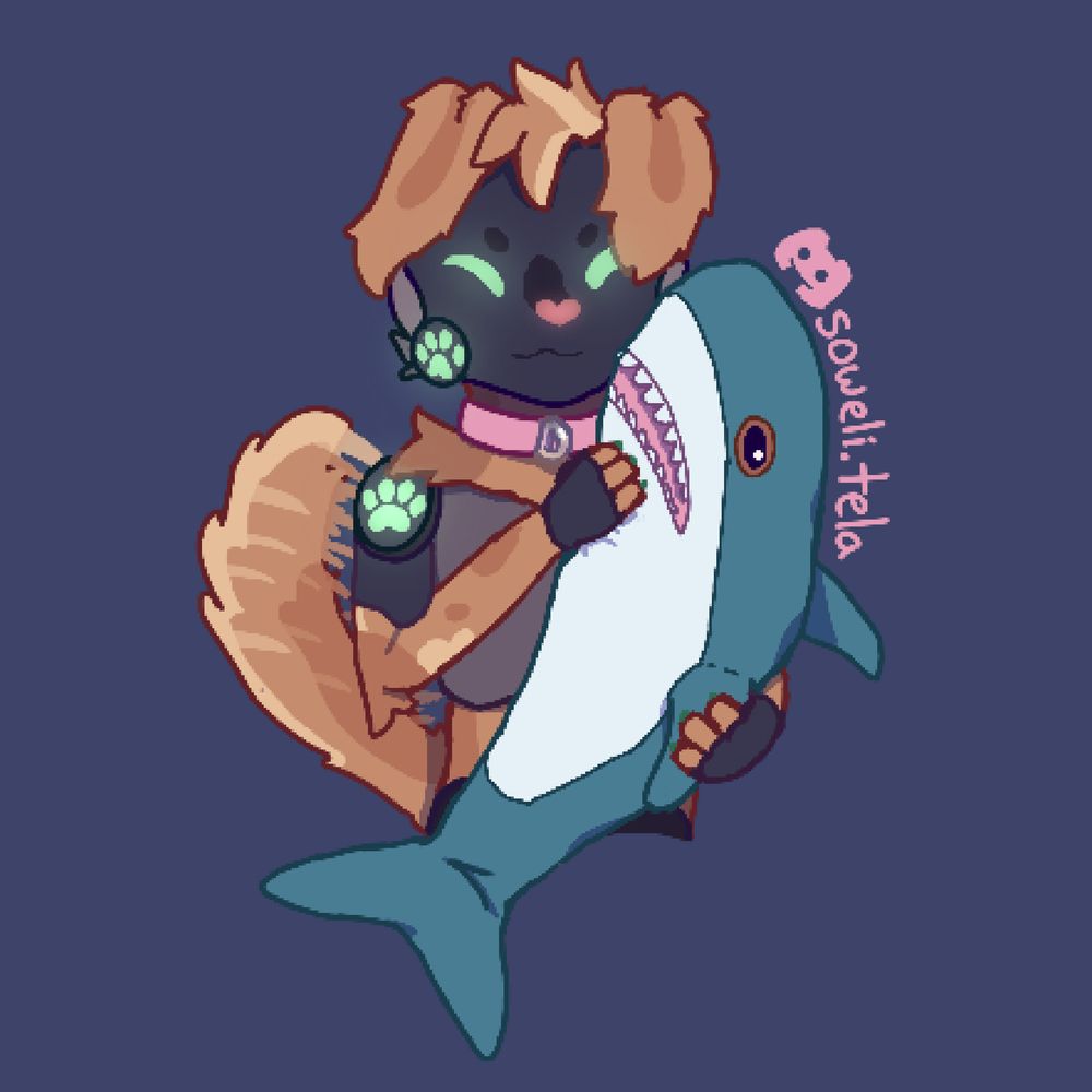 art of my fursona, a puppy protogen, holding its blåhaj. it's wearing a d-ring collar, and its tail is wagging
the art is by soweli.tela on discord