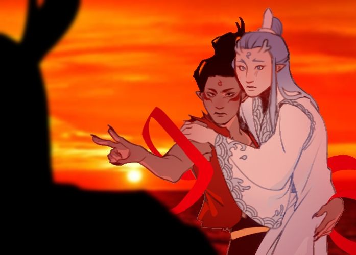 A redraw of the Kevin Hart carry meme where Ne zha is carrying Ao Bing against his chest. They are drawn in their 2025 movie depictions. Ne zha is in his older form from the 2025 movie, looking at the silhouette of Ao Guang with an angry, protective expression as he points at him with two, accusatory fingers this time. Ao Bing, who is being carried this time, still looks at the silhouette with puppy dog eyes. 