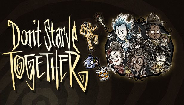 The "Don't Starve Together" game logo appears next to illustrated characters from the game on a dark, swirled background.