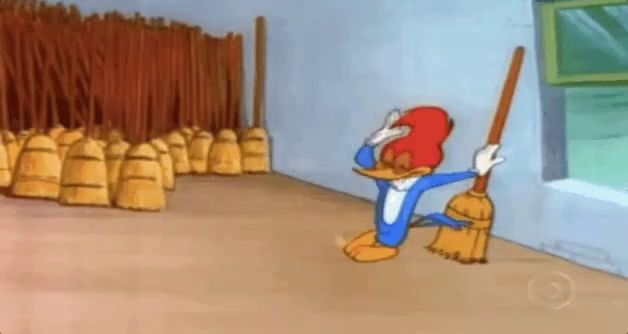 woody woodpecker is holding a broom in a cartoon scene