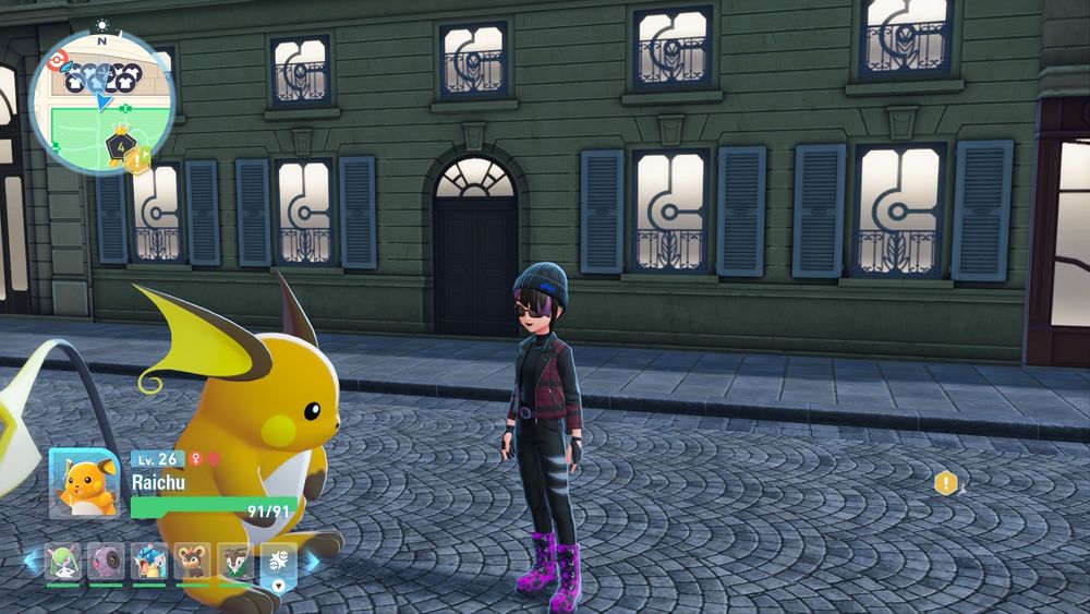A screenshot from Pokemon Z-A depicting a trainer in goth fashion next to a Raichu that is nearly as tall as she is.