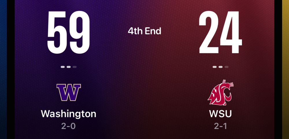 Scoreboard app screenshot showing Washington 59, Washington State 24