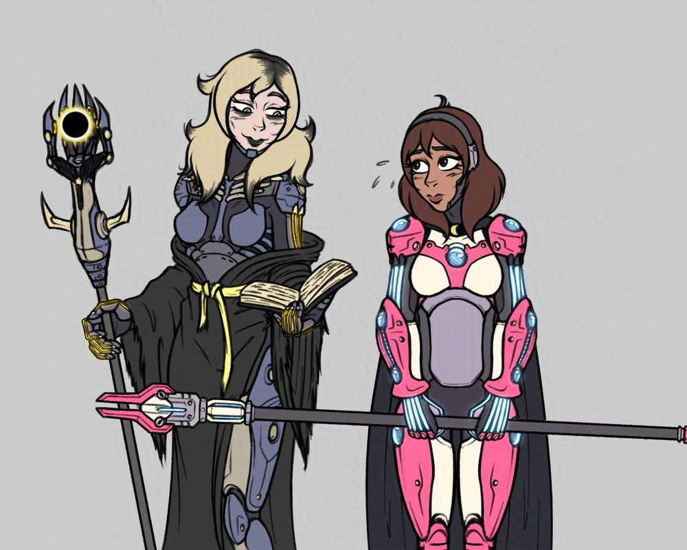 As duas da imagem anterior, mas sem seus capacetes. Cassilda é uma mulher branca, com círculos escuros ao redor dos olhos. Seus olhos são amarelos e seu rosto magro, deixando os ossos das bochechas evidente.
Camila tem uma pela morena e olhos castanhos, ela olha um tanto preocupada para Cassilda.
--
The two of the previous image, but without their helmets. Cassilda is a white woman with dark circles around her eyes. Her eyes are yellow and face slender, leaving her cheekbones evident.
Camila has a tan complexion and brown eyes. She looks at Cassilda with a concerned expression.