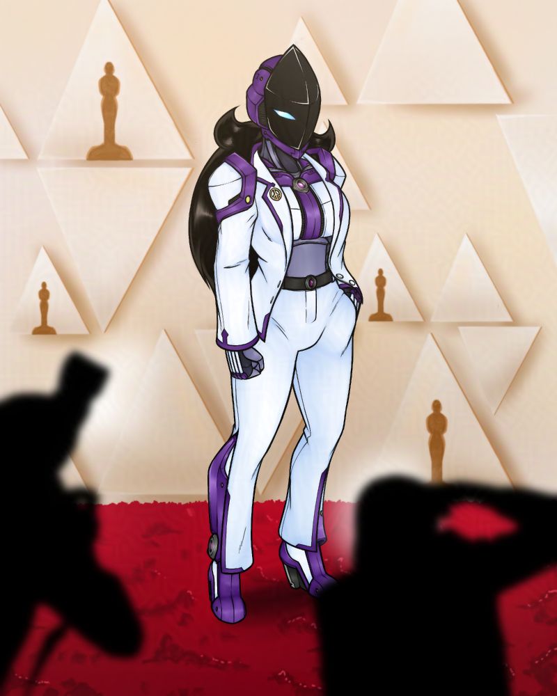 Um desenho da Gabriela com sua armadura cibernética, de pé no tapete vermelho do Oscar. Ela tirou partes da armadura para poder vestir um terno por cima. As ombreiras, entretanto, foram colocadas por cima da jaqueta, mantendo a silhueta dela. Um broche com o símbolo da paz (e do movimento de desarmamento nuclear) foi colocado na lapela esquerda da jaqueta dela.