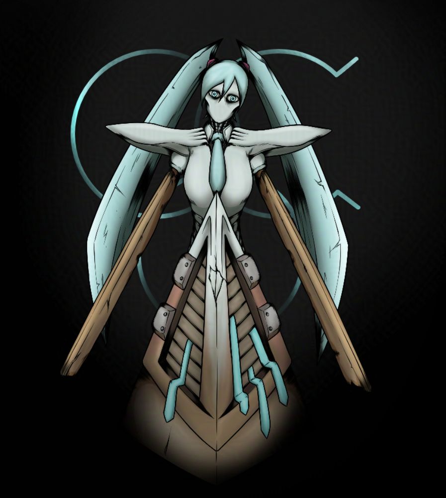 Uma mistura de Hatsune Miku e a Mechanical Dance de Fear & Hunger 2: Termina. Ela se assemelha mais a última, com características da primeira. Seu cabelo foi transformado em enormes lâminas que saem de sua cabeça, e várias instâncias da gravata ciano da Miku saem das brechas na base da Mechanical Dance. -- A mixture of Hatsune Miku and the Mechanical Dance from Fear & Hunger 2: Termina. She resembles more of the latter with characteristics of the former. Her twintails have been transformed into huge blades coming off from her head and Miku's signature cyan tie comes out of Mechanical Dance's ventilation pyramid-thing.