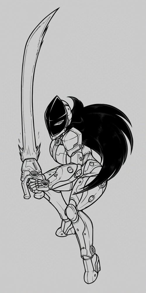 Um desenho da Gabriela, cíborgue e personagem original do artistas que está postando. Ela está posando com seu sabre de energia, de uma maneira bastante semelhante ao Zero de Megaman X.
--
A drawing of Gabriela, a cyborg and original character by the artist posting this. She's posing with her energy saber in a pose quite similar to Zero from Megaman X.